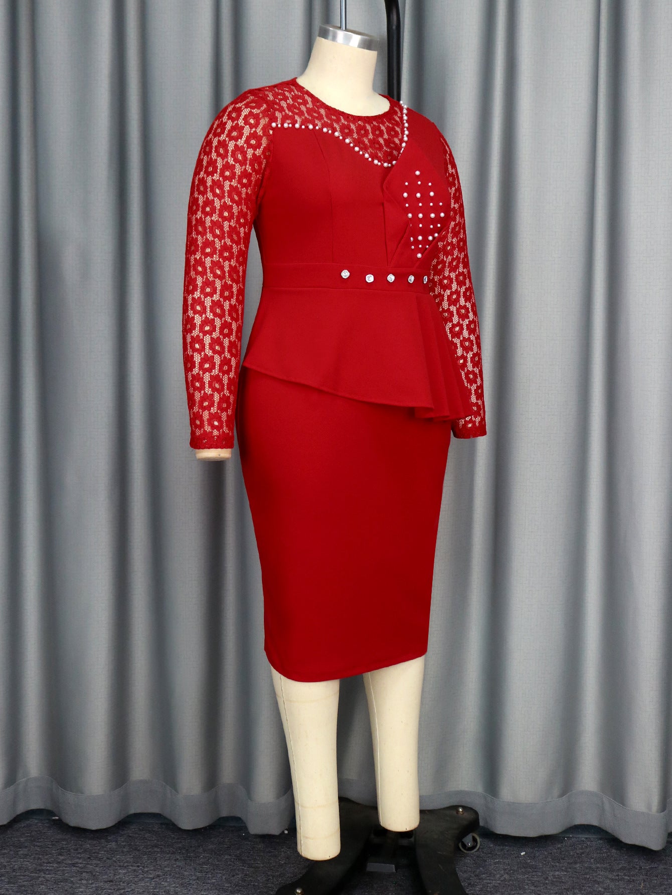 Lace Patchwork Round Neck Long Sleeve Bodycon Chic Beaded Formal Party Dress 12