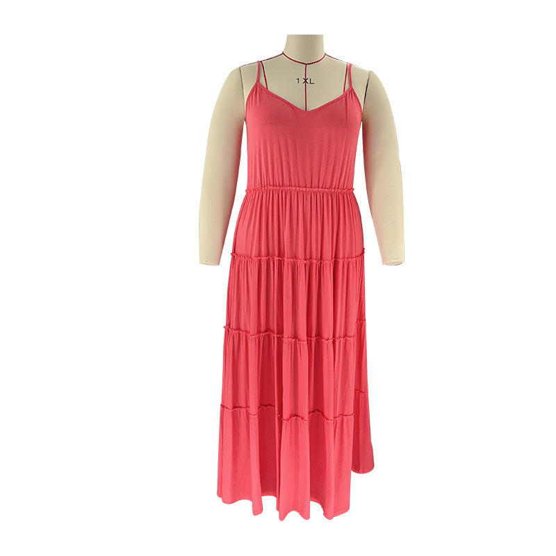 Summer Plus Size Women's Solid Color Sexy Camisole Pleated Patchwork Fashion Casual Dress 27