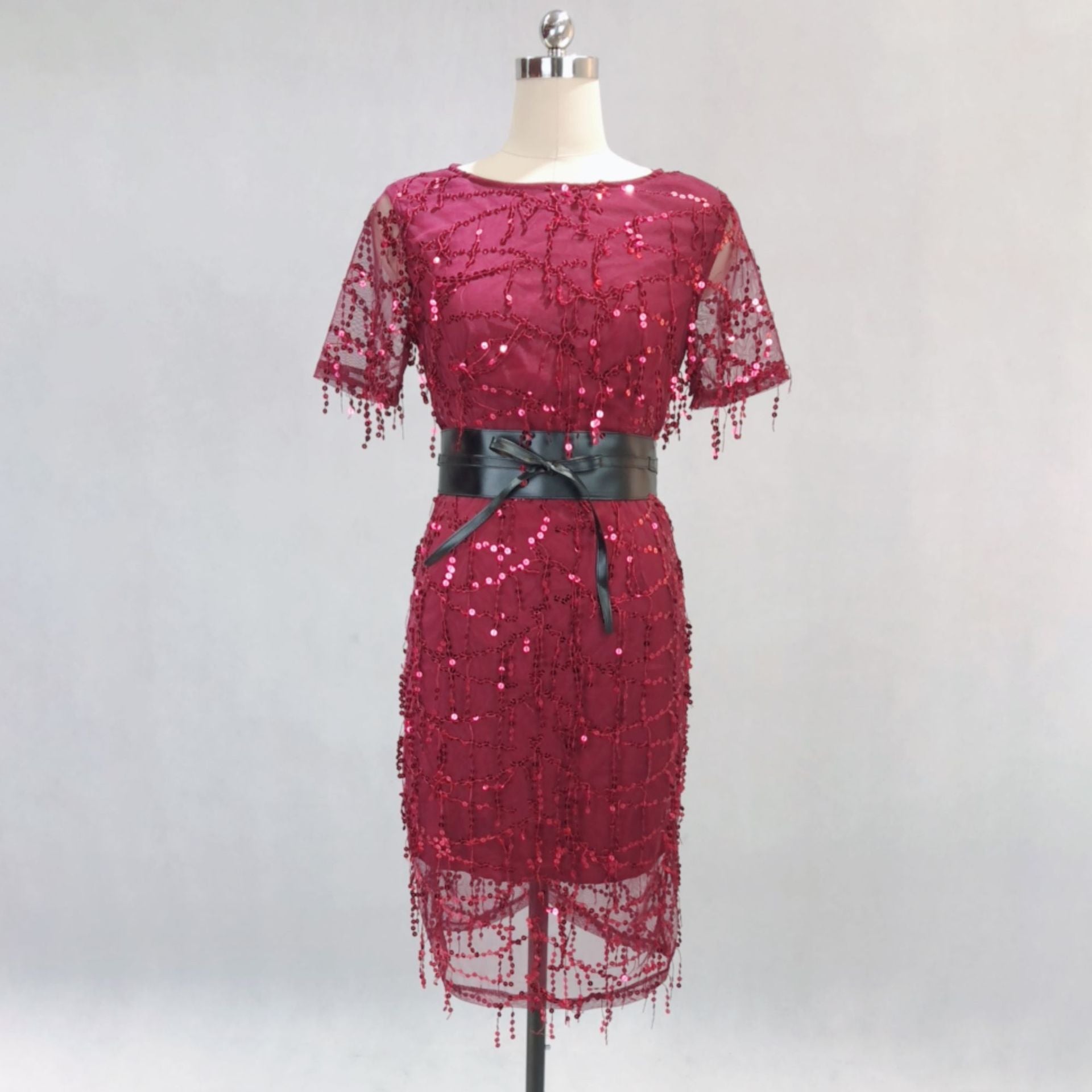 Tassel sequin lining high Elastic Satin with belt Maxi Slim Fit Chic dress party dress 8