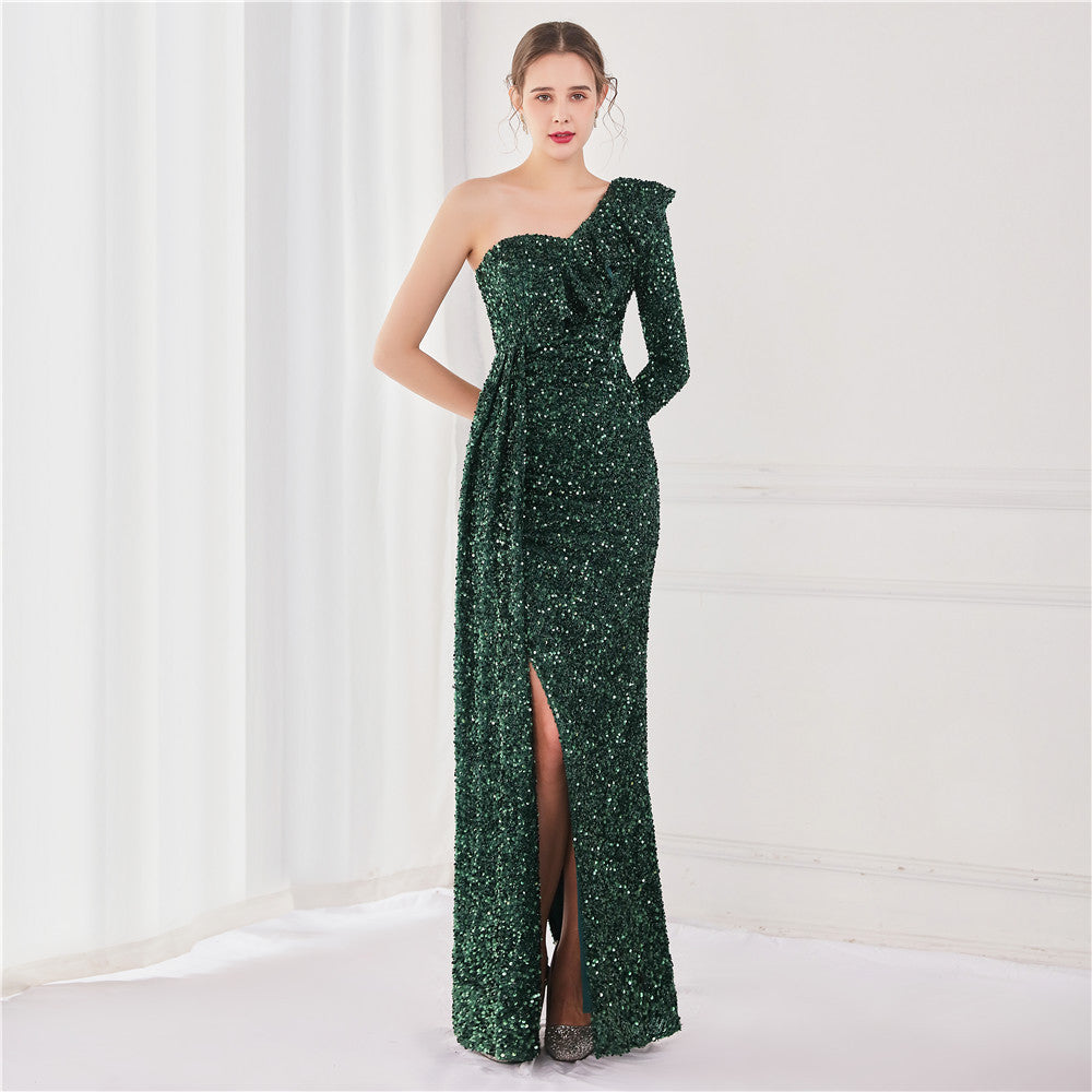 Winter Elegant Sequins Ruffled One Shoulder Long Sleeve Slit Formal Party Evening Dress 4