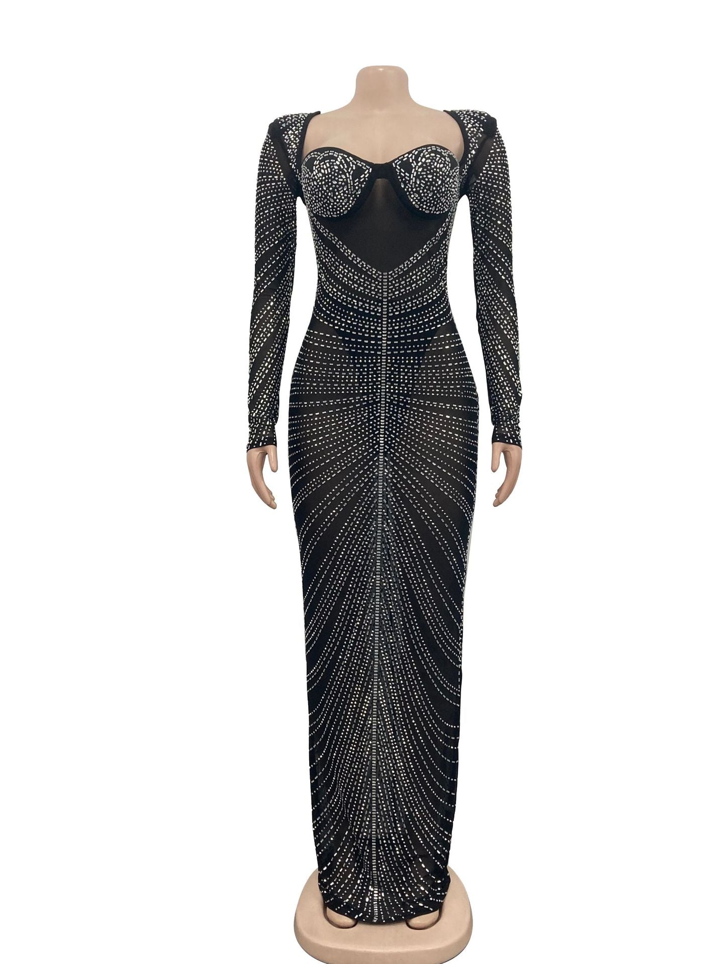 Fashion Women'S Rhinestone Beaded Mesh See-Through Long-Sleeve Backless Evening Party Long Dress 22