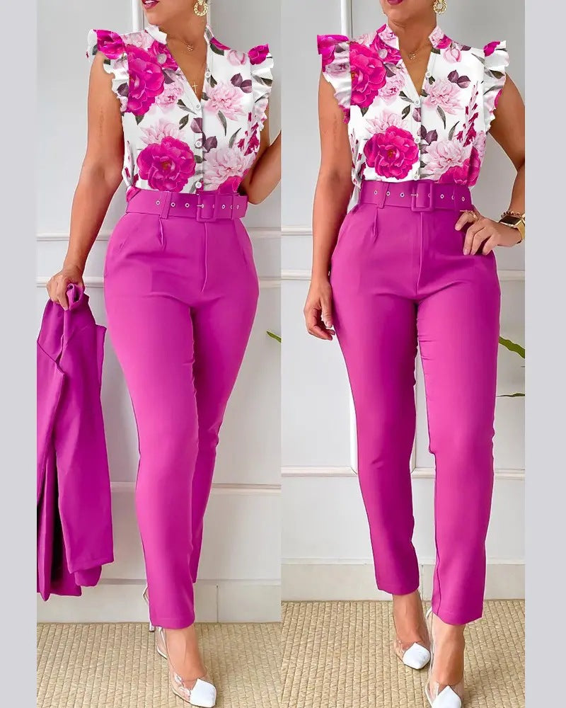 Stylish Printed Ruffle Sleeve Top Solid Color Pants Two Piece Set With Belt 9