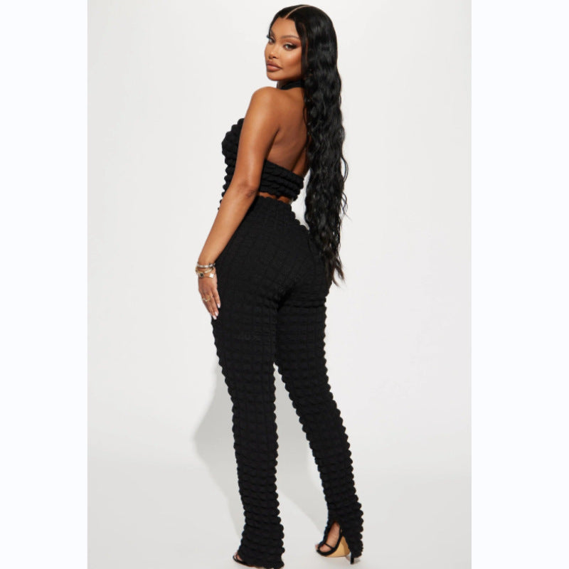 Women Summer Solid Sleeveless Halter Neck Tank Top and Pants Two-piece Set 9