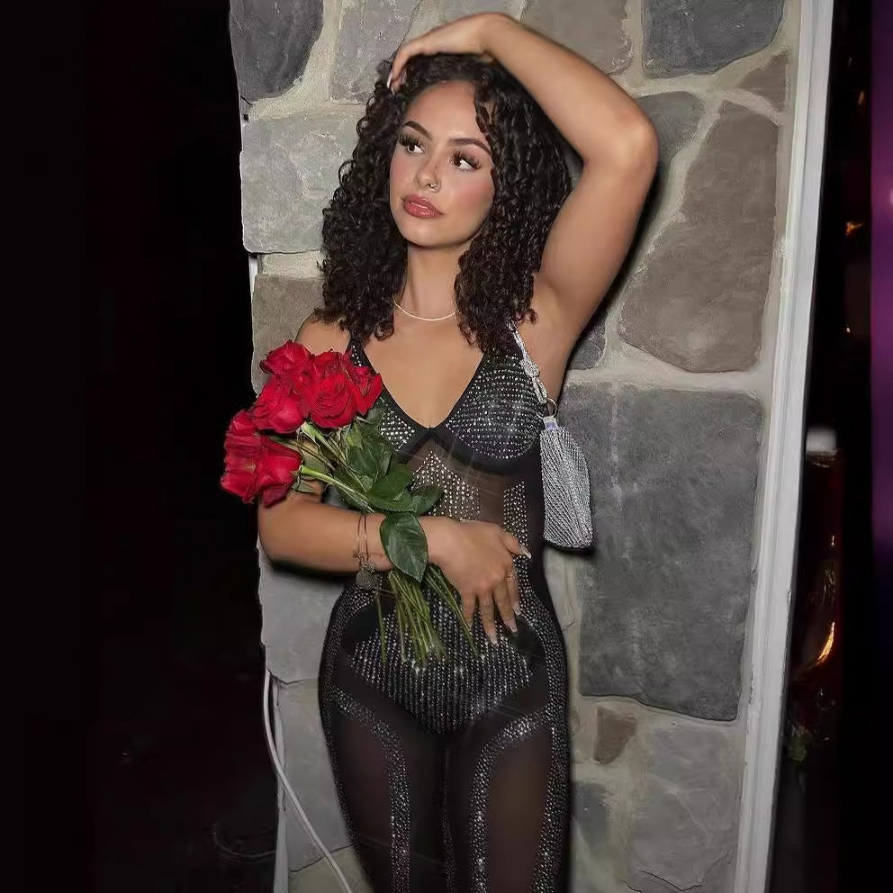 Beaded See-Through Mesh Strap Slim Jumpsuit 3