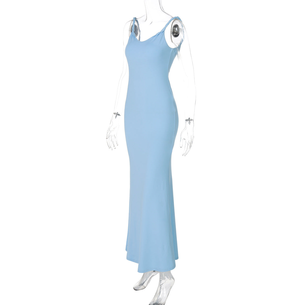 Women Summer Sexy V Neck Backless Fit Solid Knot Strap Dress 7