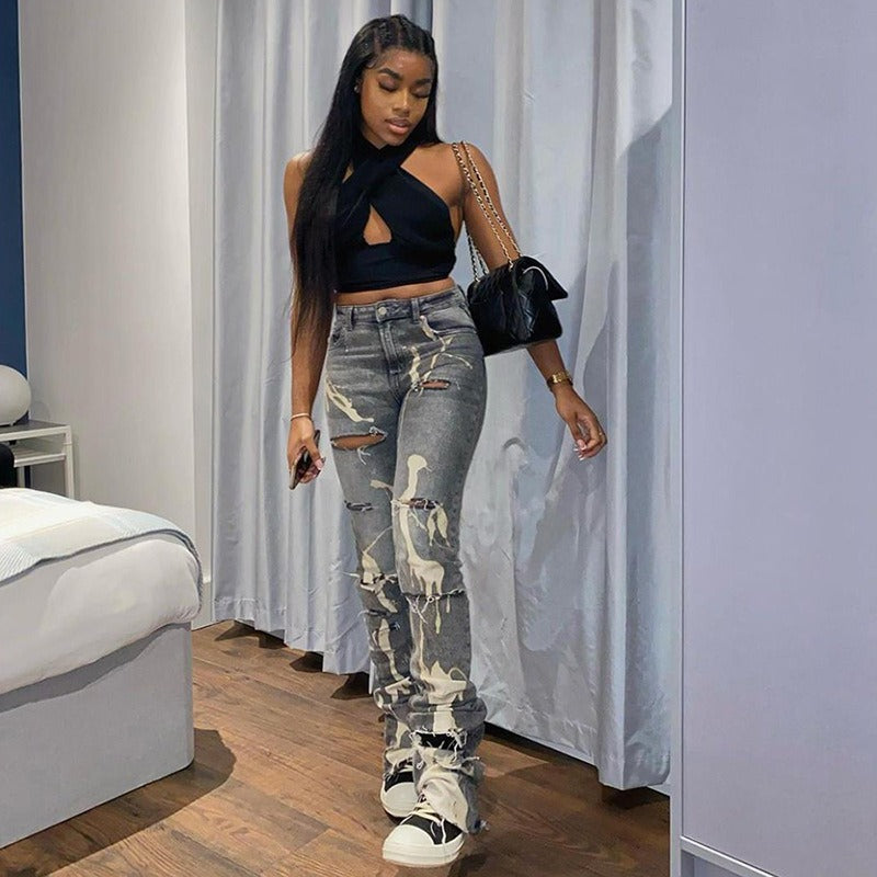 Women's Fitted High Waist Ripped Denim Pants High Stretch Jeans