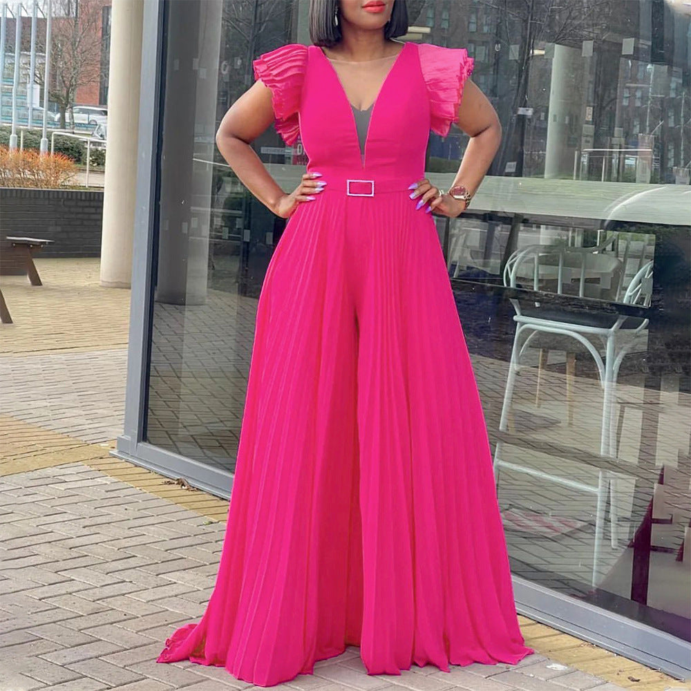 Belted Plus Size Women'smesh See-Through Sexy Pleated Wide Leg Slim Waist Jumpsuit 5