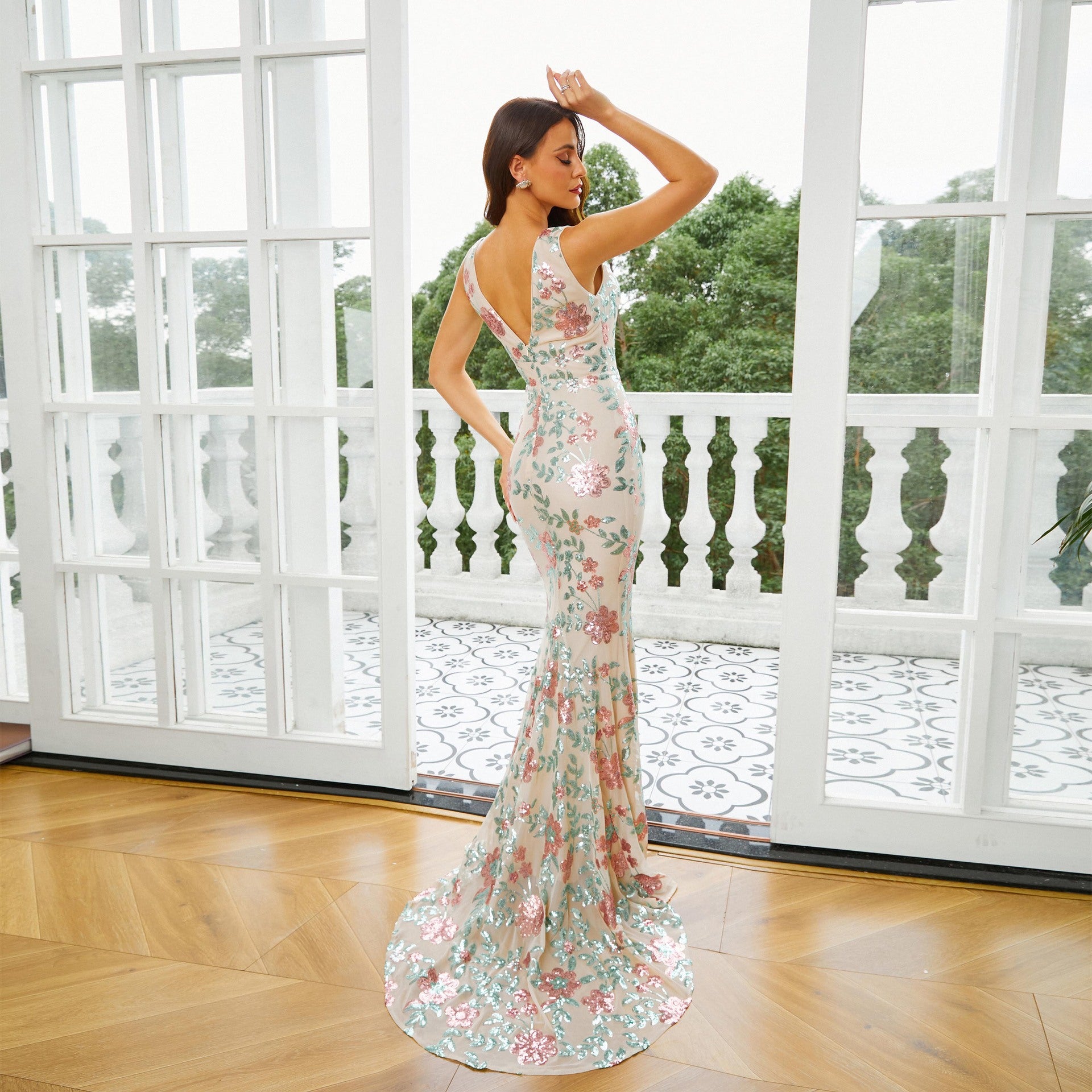 Women Sleeveless V Neck Sexy Sequin Formal Party Fishtail Maxi Evening Dress 5