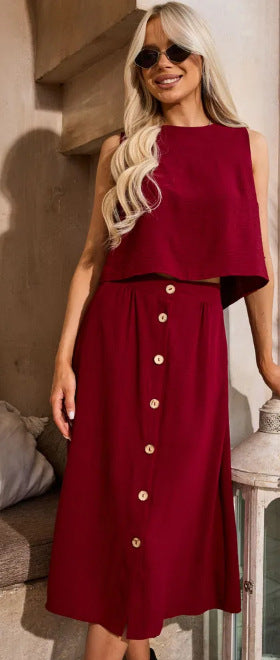 Women Casual Solid Round Neck Top and Skirt Two Piece Set 26