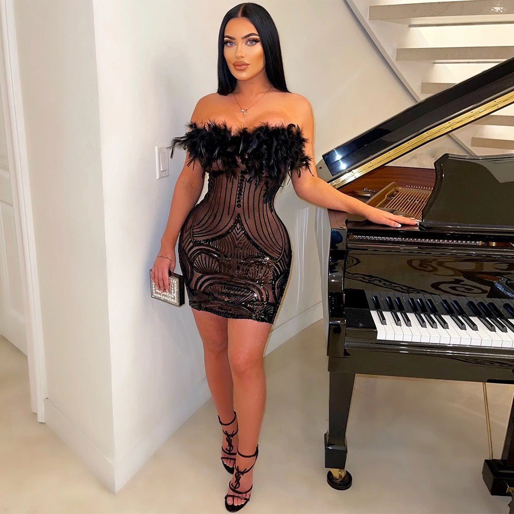 Women Sexy Off Shoulder See-Through Sequin Dress