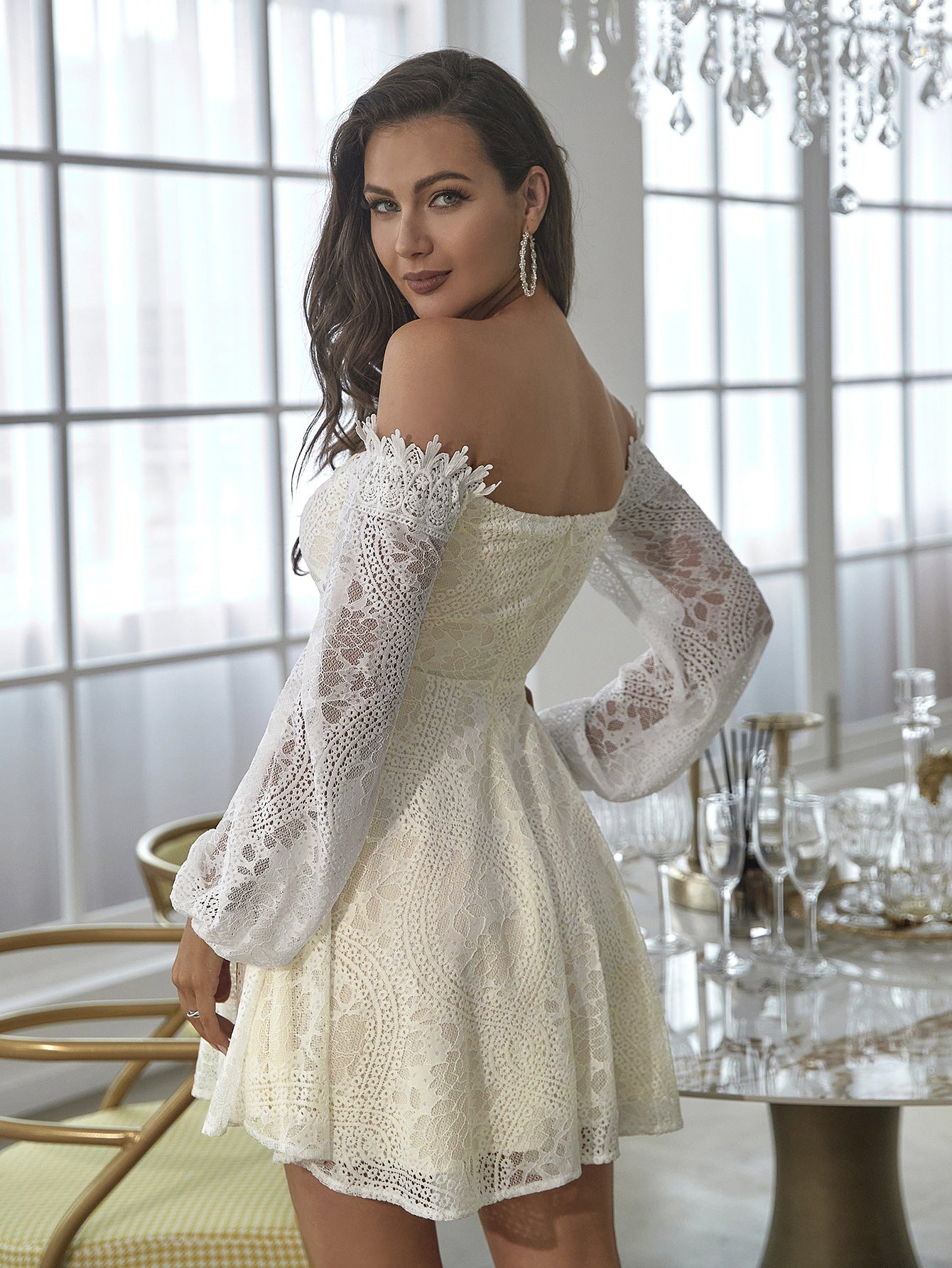 Women Sexy Embroidered Lace Off Shoulder Dress 11