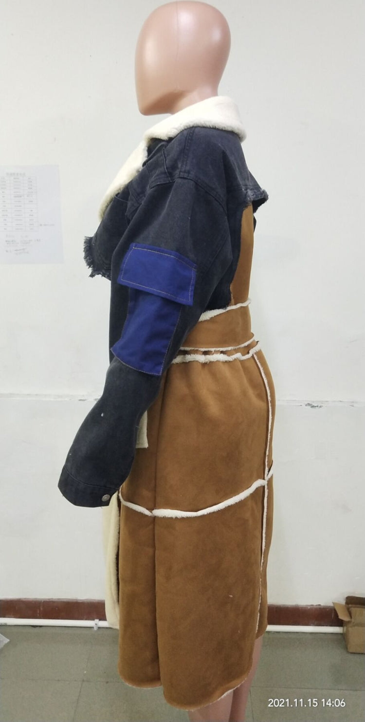 Winter Black Denim Patch Fleece Full Sleeves Thick Long Coat 4