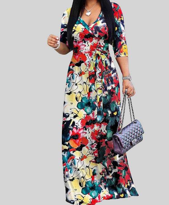 Spring & Autumn Women's Fashion Elegant Wrap V-Neck Half-Sleeve Print Belt Maxi Dress 12