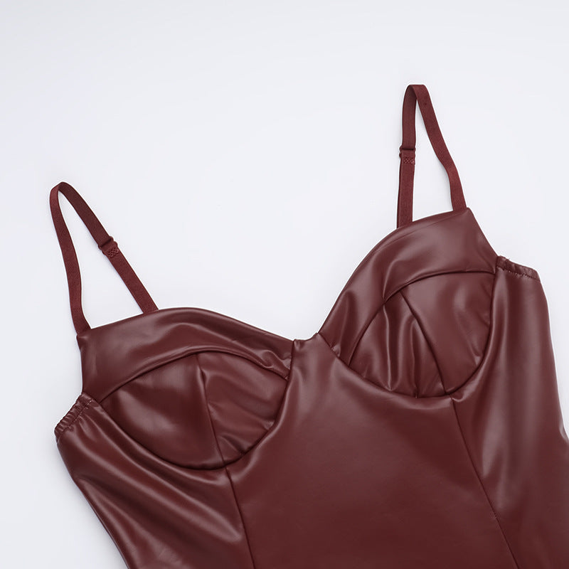 Summer Chic Sexy Slim Waist Tight Fitting Leather Bodycon Dress 9