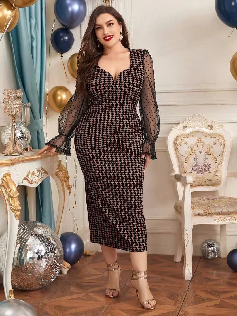 Puff Sleeve Plus Size Women's Sexy Lace Patchwork Long-Sleeved  Elegant Long Dress 3