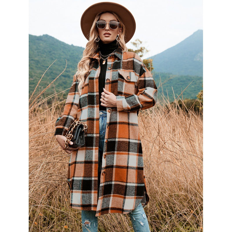 Autumn And Winter Chic Windbreaker Coat Side Slit Turndown Collar Loose Plaid Shirt Jacket 7