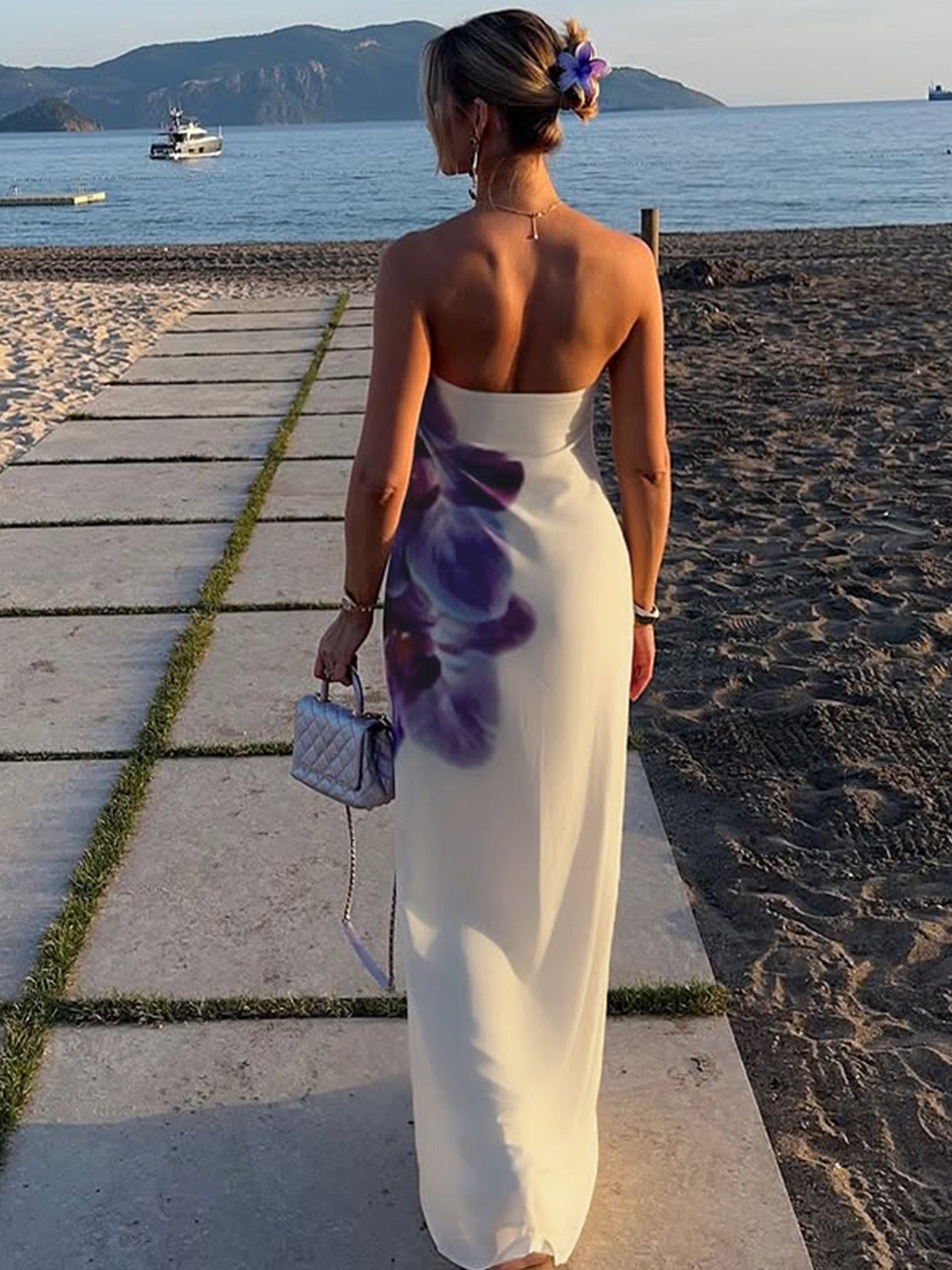 Women summer off-shoulder printed mesh two-layer sexy strapless dress 5