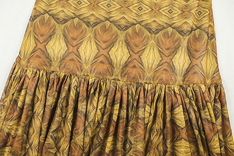 Elegant Women's Slim Waist Semi-Sheer Printed Round Neck Long Sleeve A-Line Dress 14