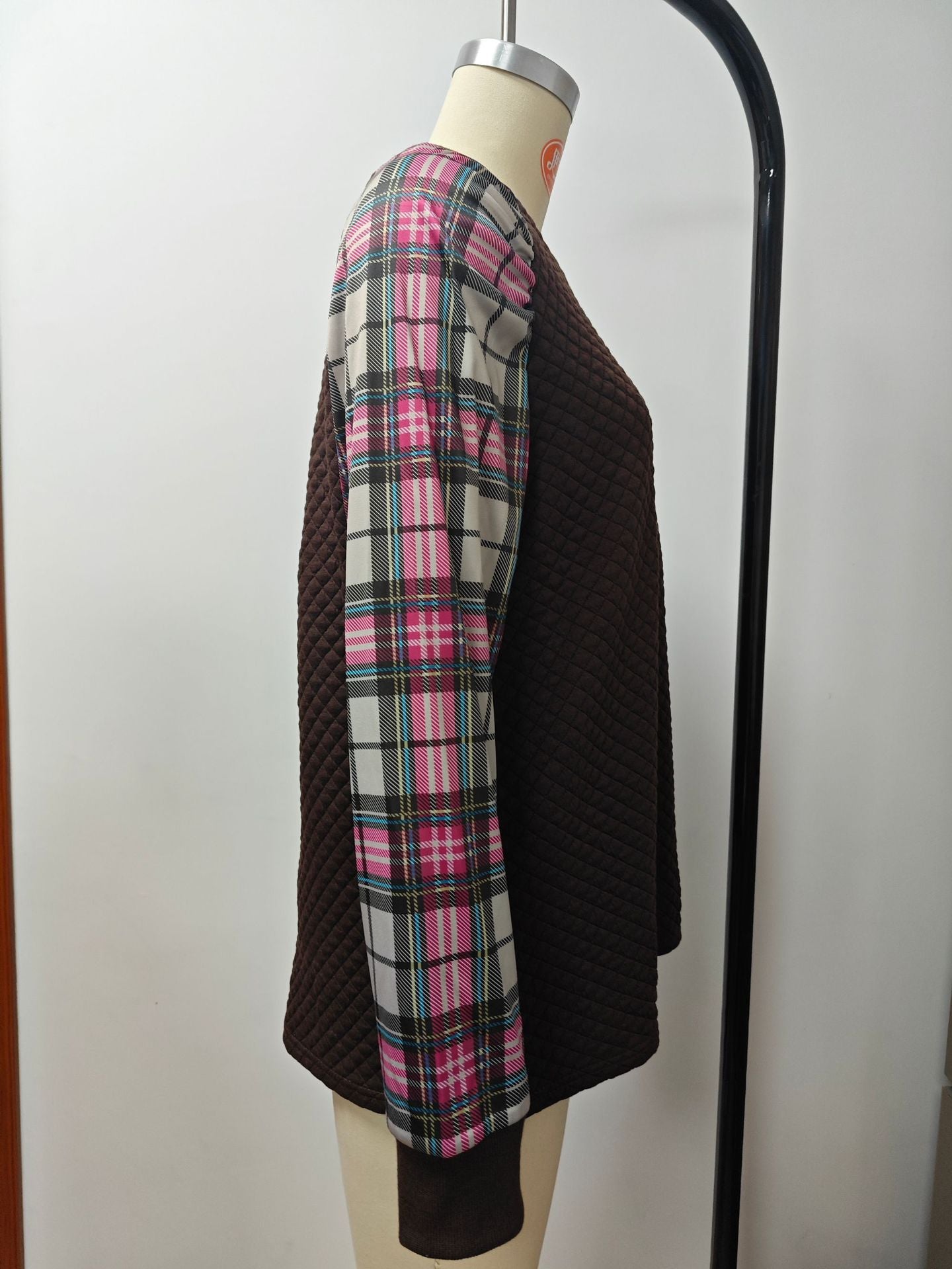 Women Diamond Check Patchwork Long Sleeve Round Neck Casual Top 9