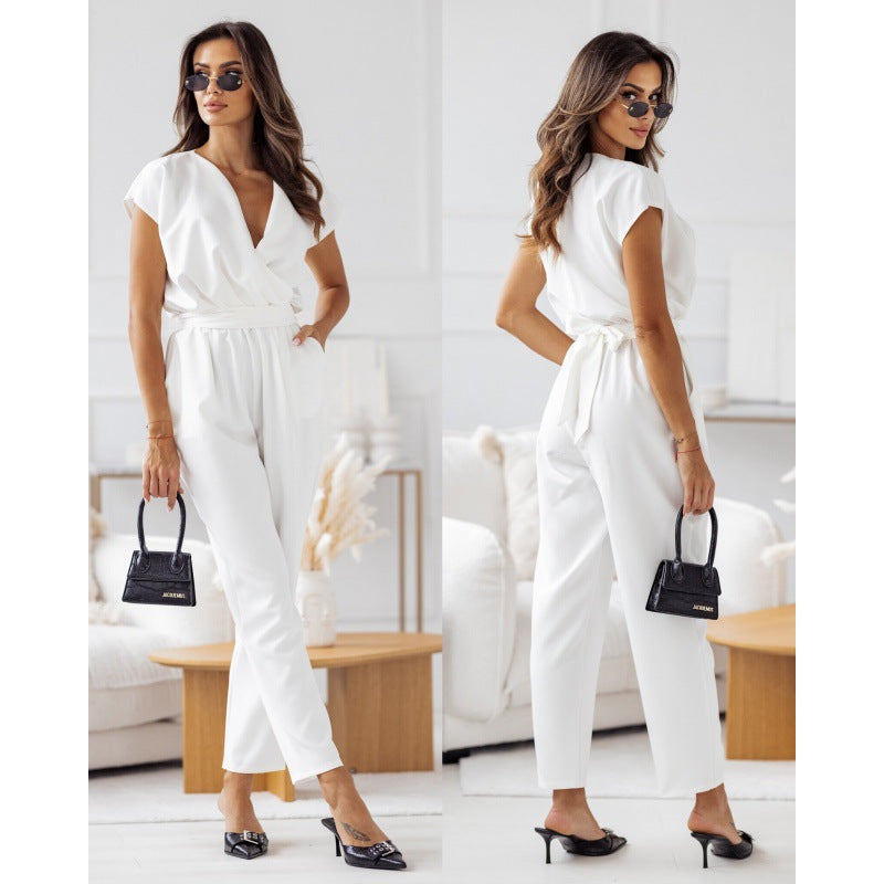 Summer Fashion Solid Color Slim Fit Short Sleeve Jumpsuit 9
