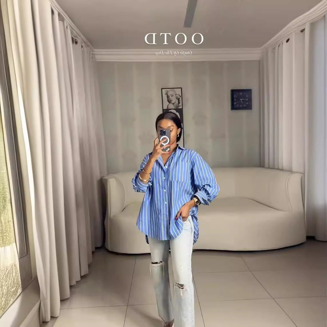 Spring Casual Blue And White Striped Career Loose Shirt