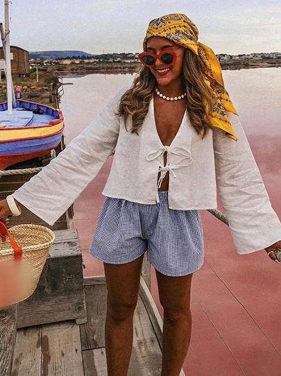 Women's Deep V Bell Bottom Sleeve Lace-Up Tops 3