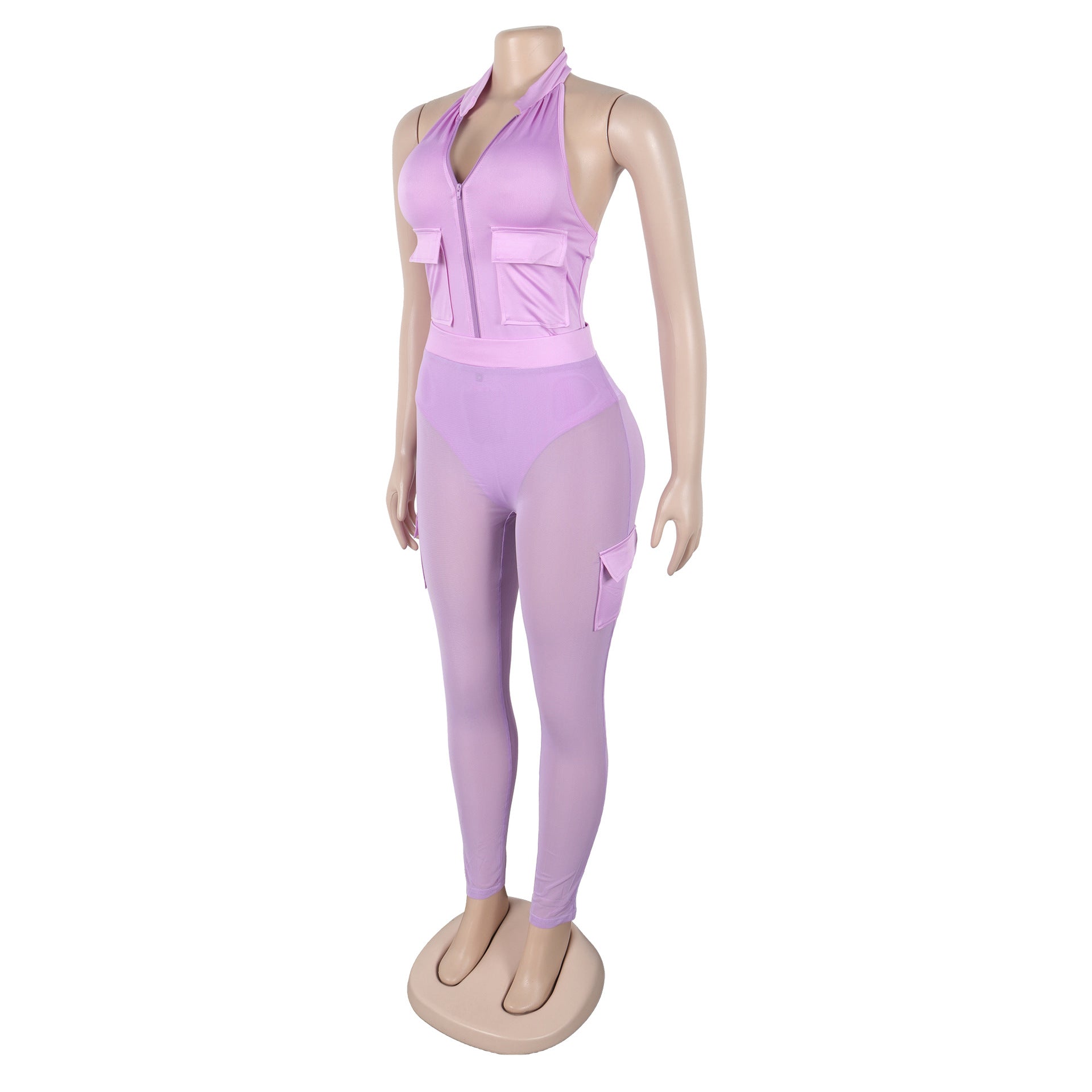 Summer Deep V-Neck Sleeveless Tight-Fitting Bodysuit Pocket Mesh Pants Set 24