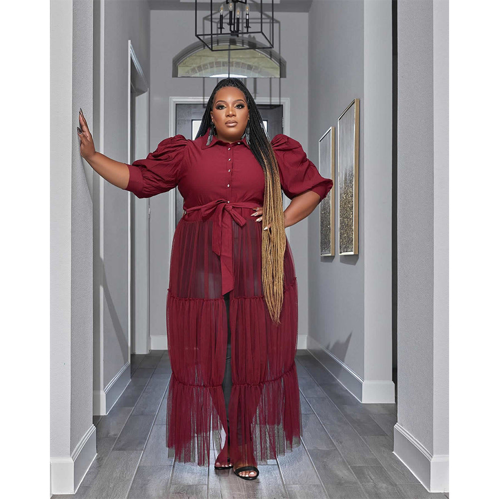 See-Through Mesh Cake Dress Plus Size Belted Breathable Short Sleeve Dress