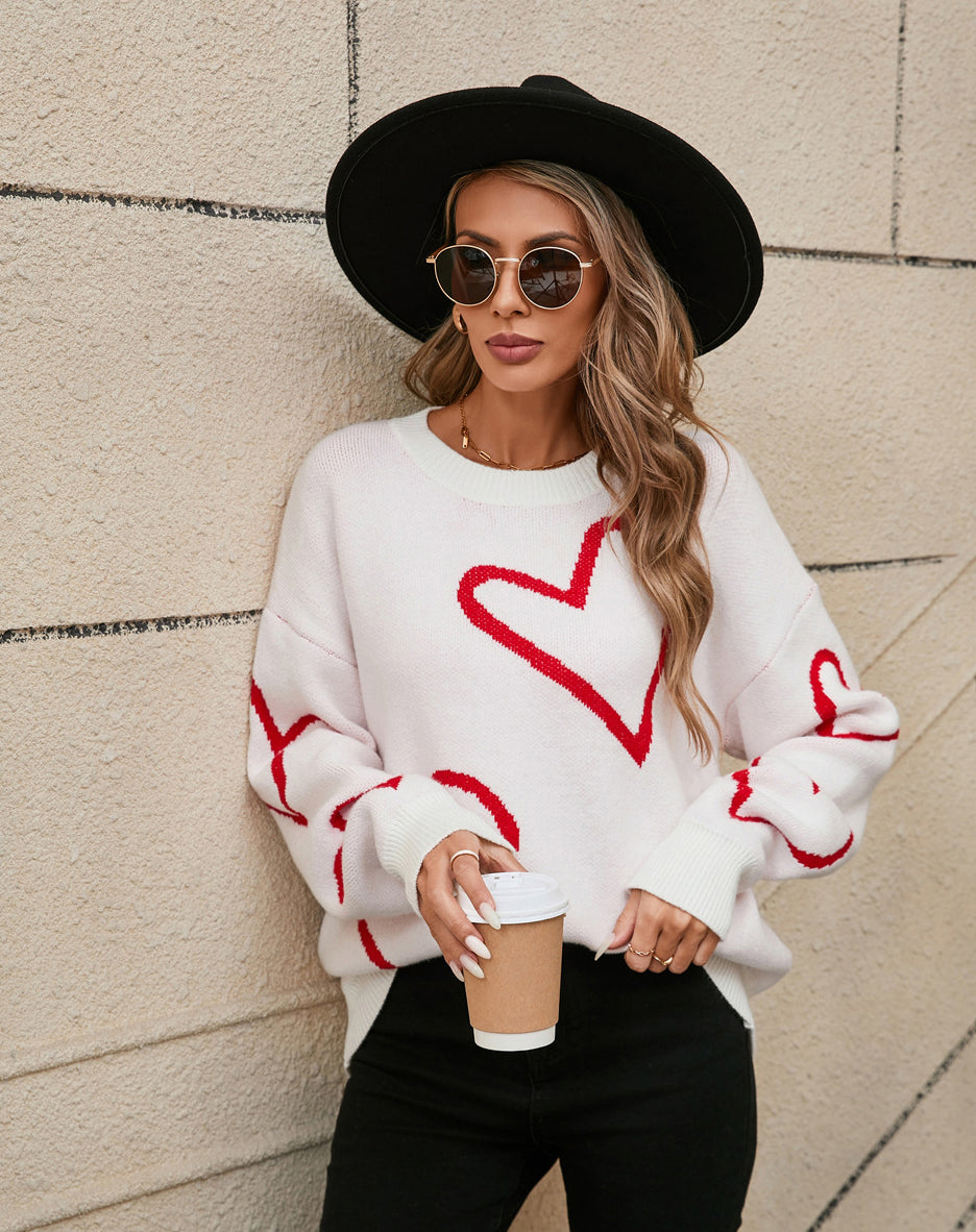 Winter sweater Heart Print Valentine's Day pullover contrast color sweater 5