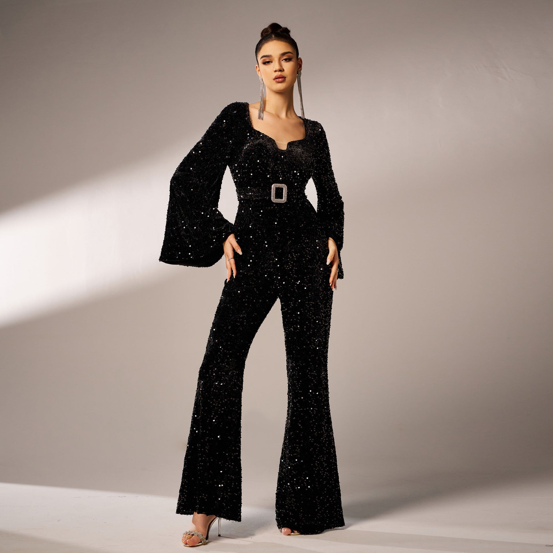 Women long sleeve square neck Bodycon Formal Party sequined Jumpsuit