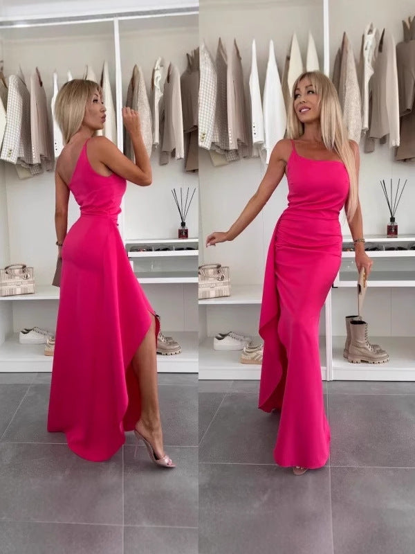Summer Slash Shoulder Split Sleeveless Women's Sexy Slim Evening Dress 10