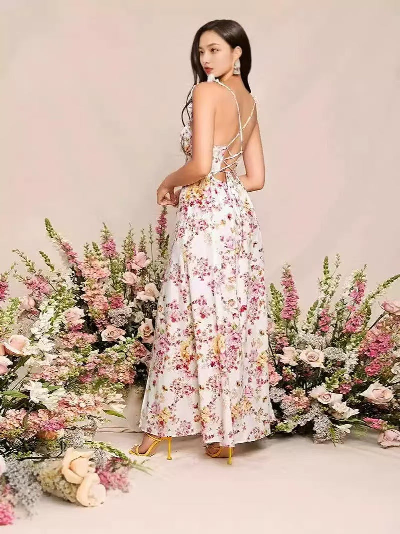 Women Summer Floral Print Square Neck Slit Lace Sexy Dress 8