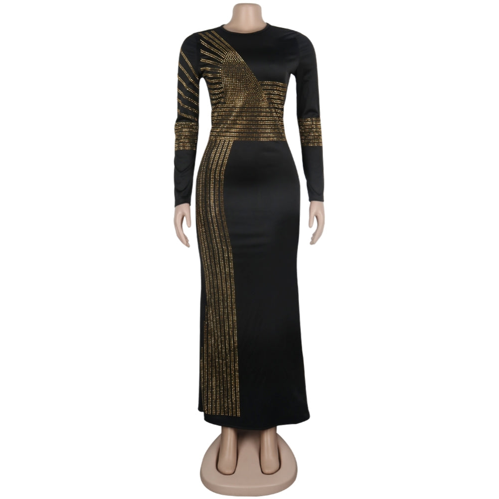 Black and Gold Sequins Slit Evening Dress with Sleeves 7