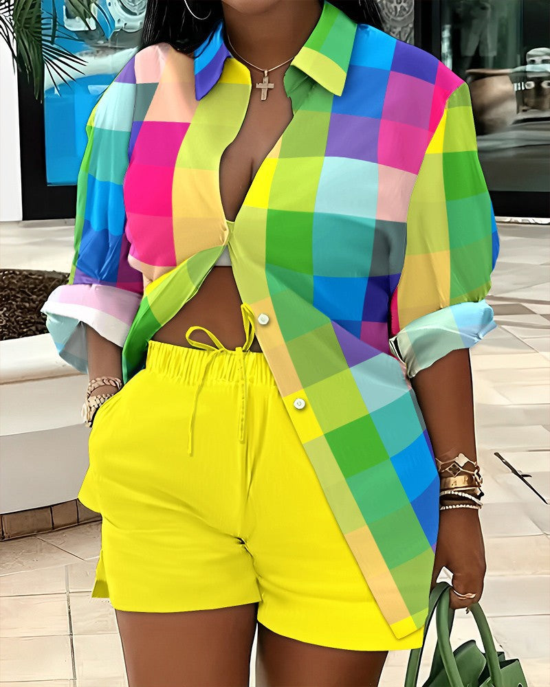 Women's Long Sleeve Printed Shirt Shorts Printed Two Piece Set 4