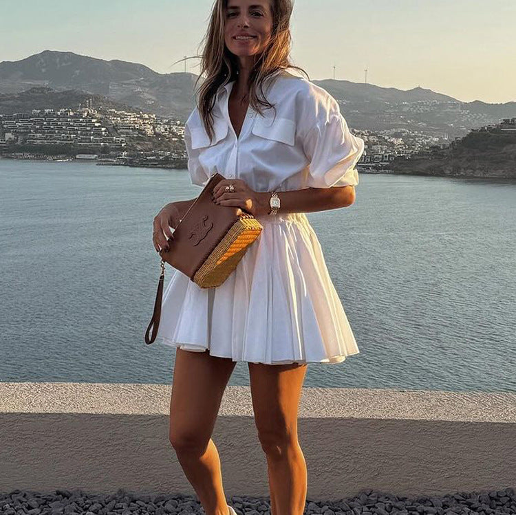 Women's Casual Cotton Turn-Down Collar 3/4 Sleeve A-Line Shirt Dress 4