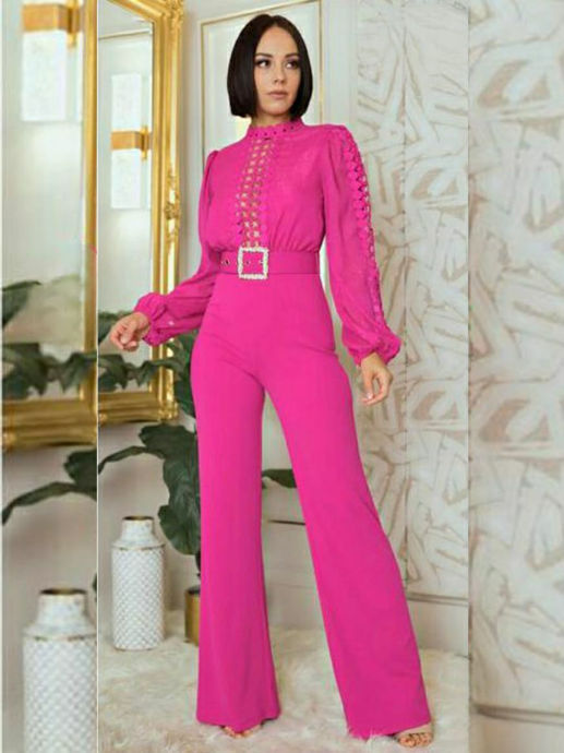 Women Elegant Lace Patchwork Lace-Up Wide-Leg Jumpsuit 33