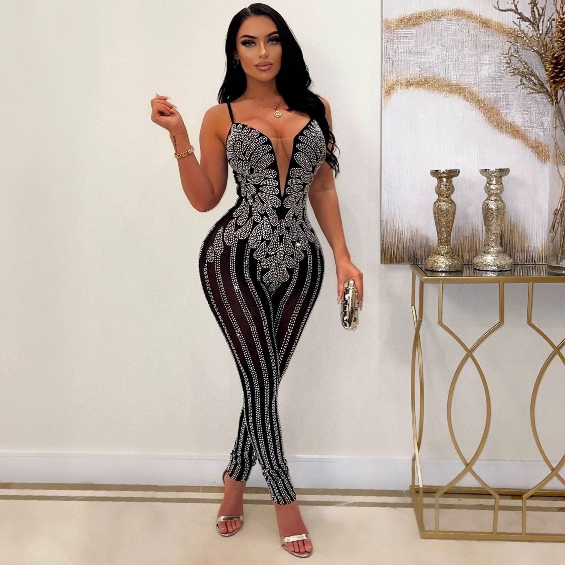 Women Summer Sexy Suspender Beaded Sleeveless Jumpsuit 6