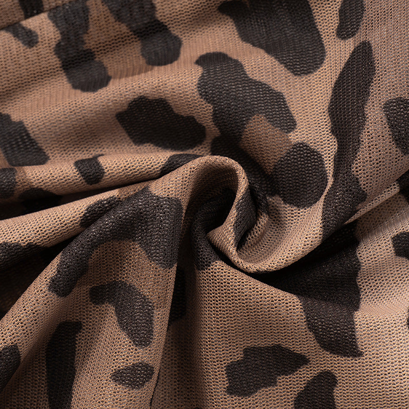 Women's Spring-Summer Leopard Mesh Bell Sleeve See-Through Jumpsuit 16