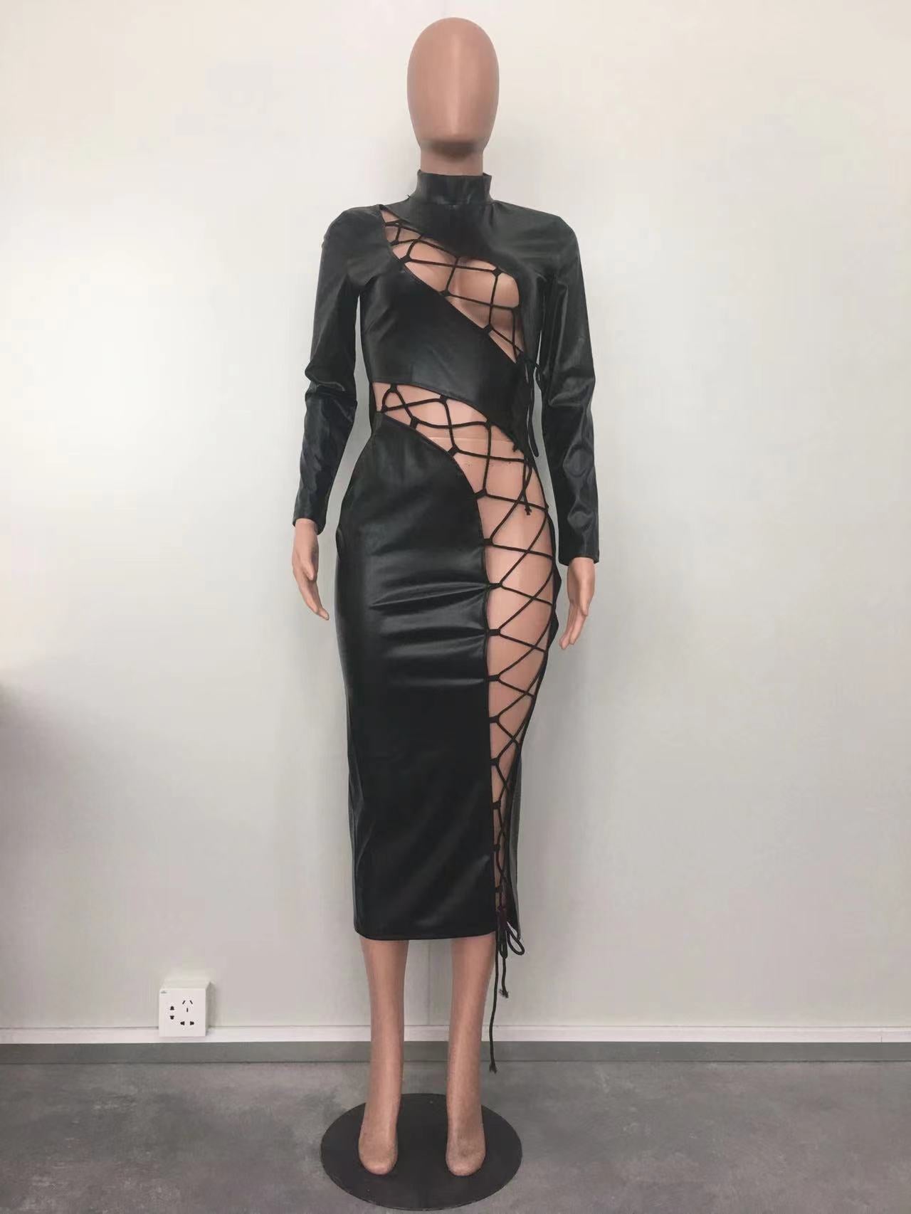 Fall Winter Style Lace-Up Pu Leather Dress 8