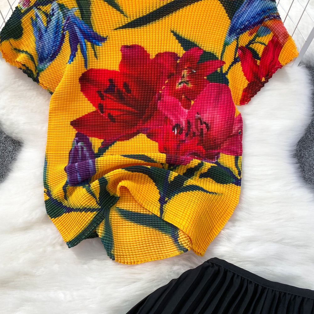 Fashion Women's Short Sleeve Printed Pleated Top High Waisted Slim Fit Wide Leg Pants Two-Piece Set 17