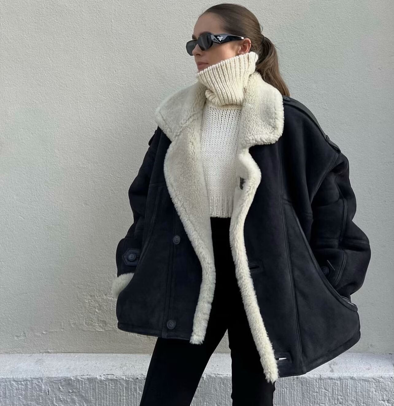 Women winter Turndown Collar lamb wool warm jacket 3