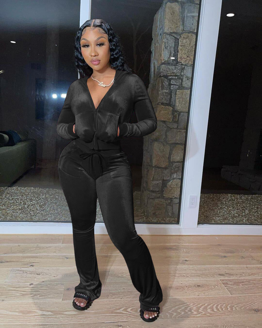 Winter Women velvet zipper hooded Top and Pant Casual two-piece set 8