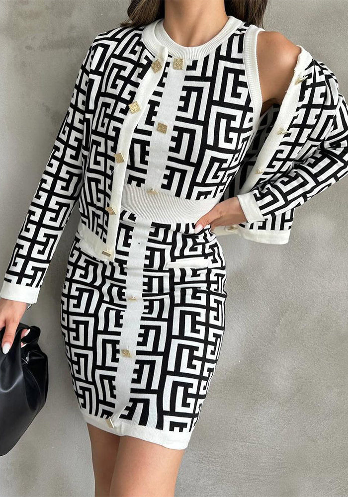 Women Cardigan Jacket Bodycon Dress Knitting Two-Piece Set