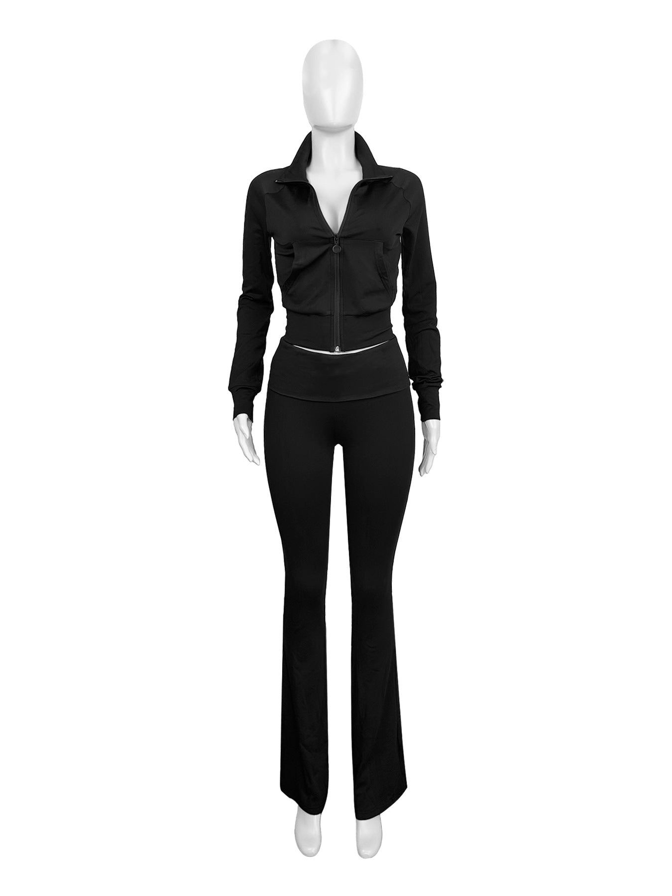 Women Sports Casual Zipper Top and Bell Bottom Pants Two-piece Set 15