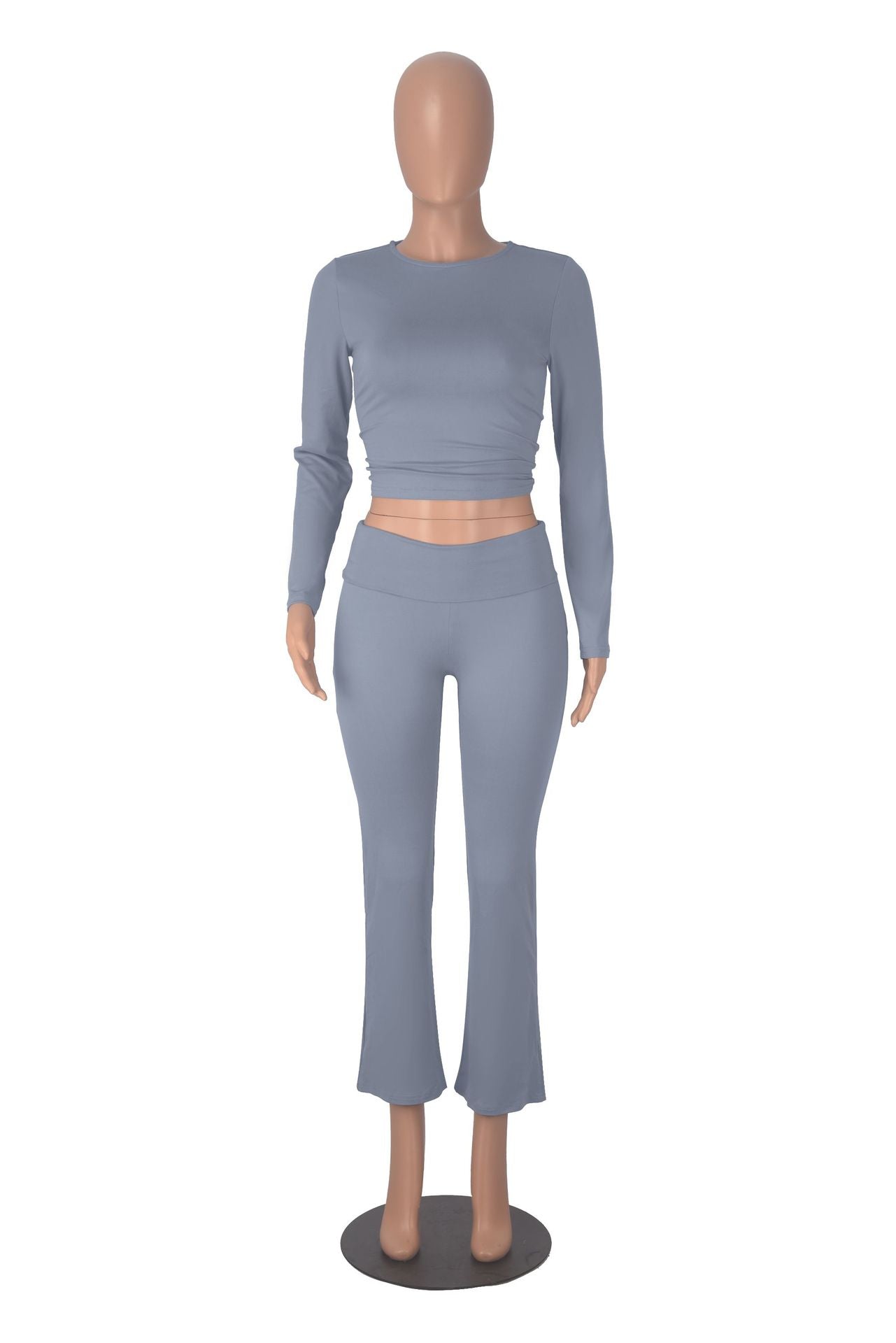 Women long sleeve round neck top and bell bottom pant two-piece set 33