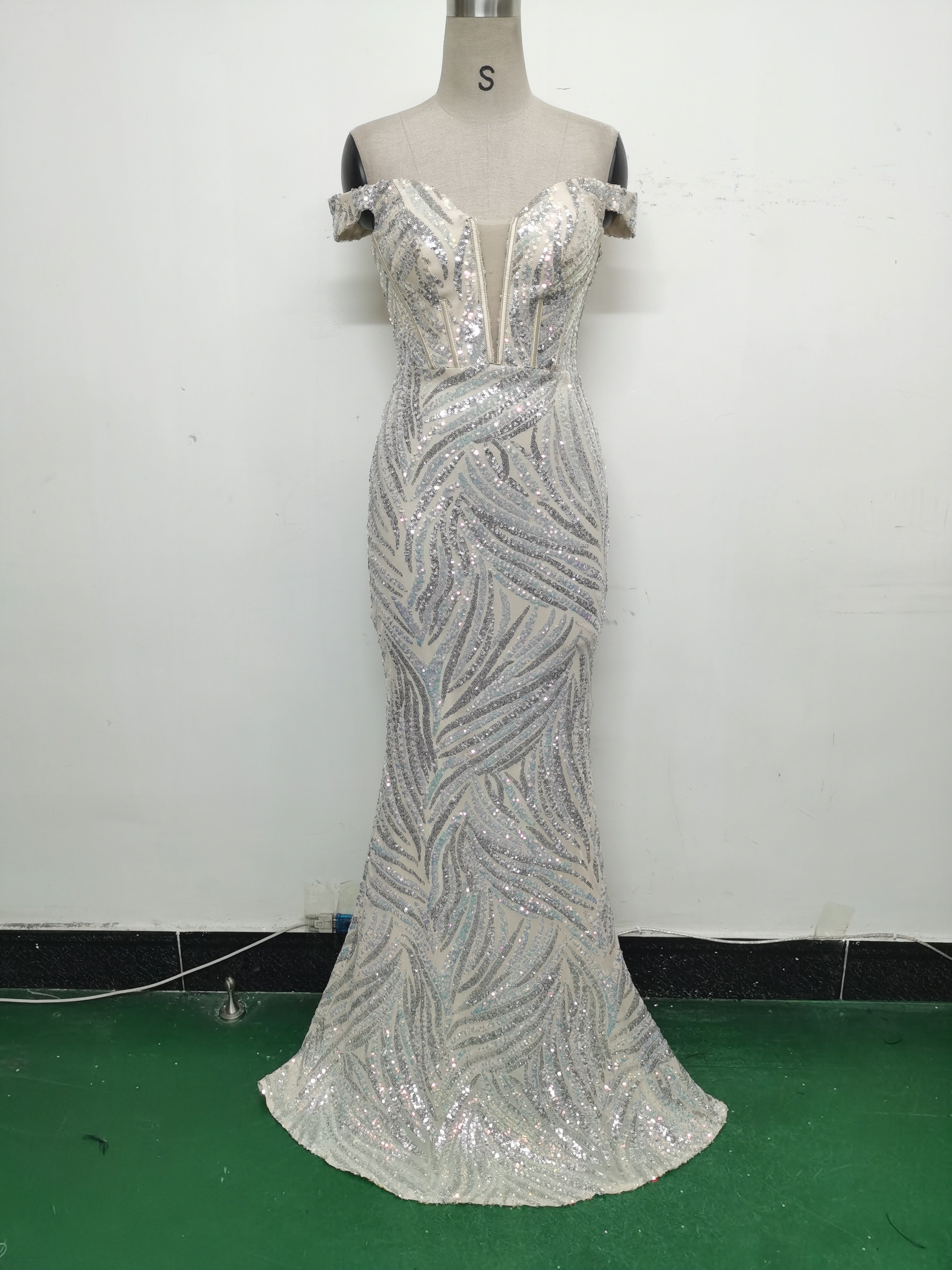 Women Off Shoulder Sequins Evening Dress 17