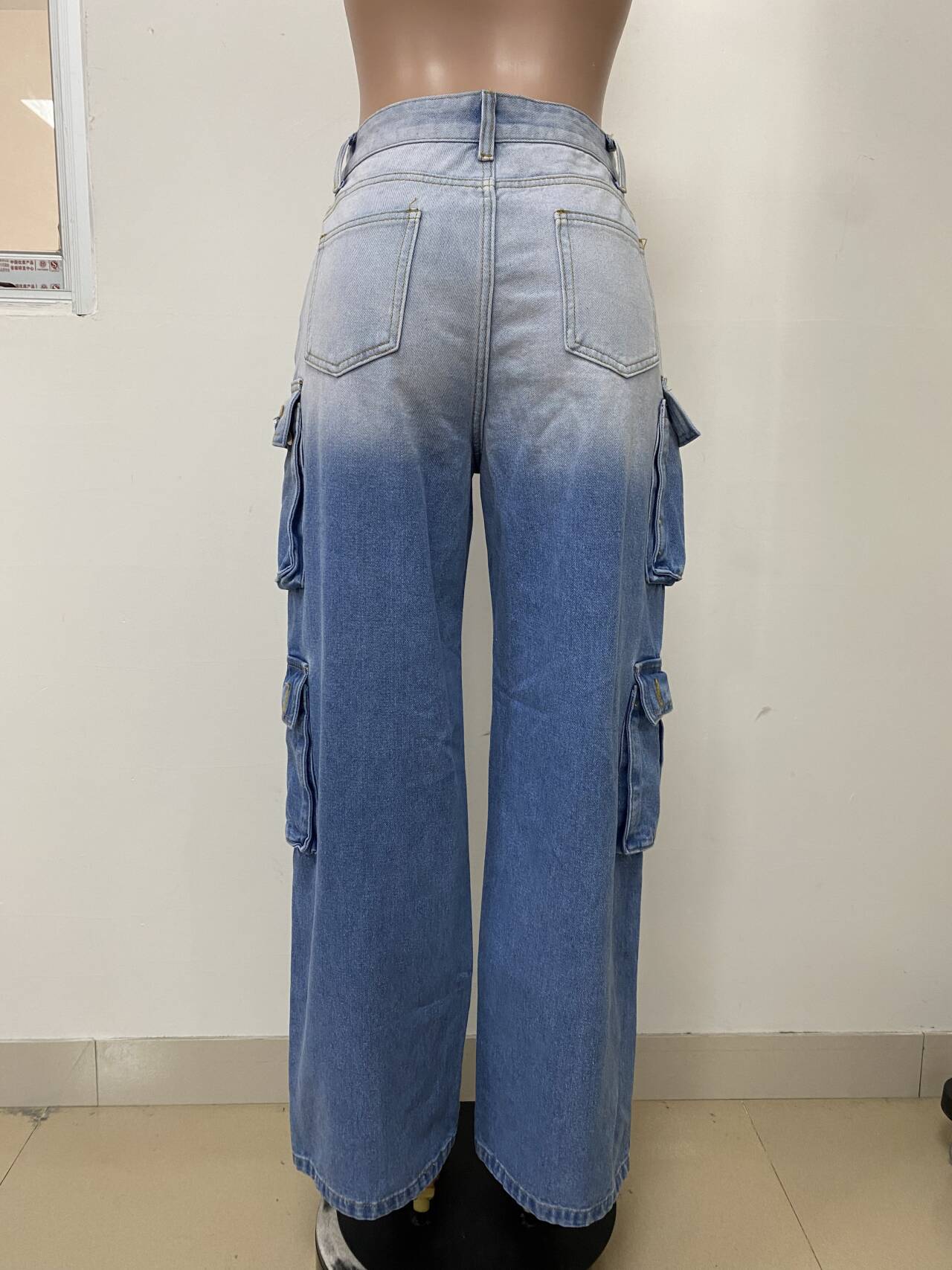 Fashionable Women's Multi-pocket Button Gradient Cargo Straight Trend Denim Trousers 7