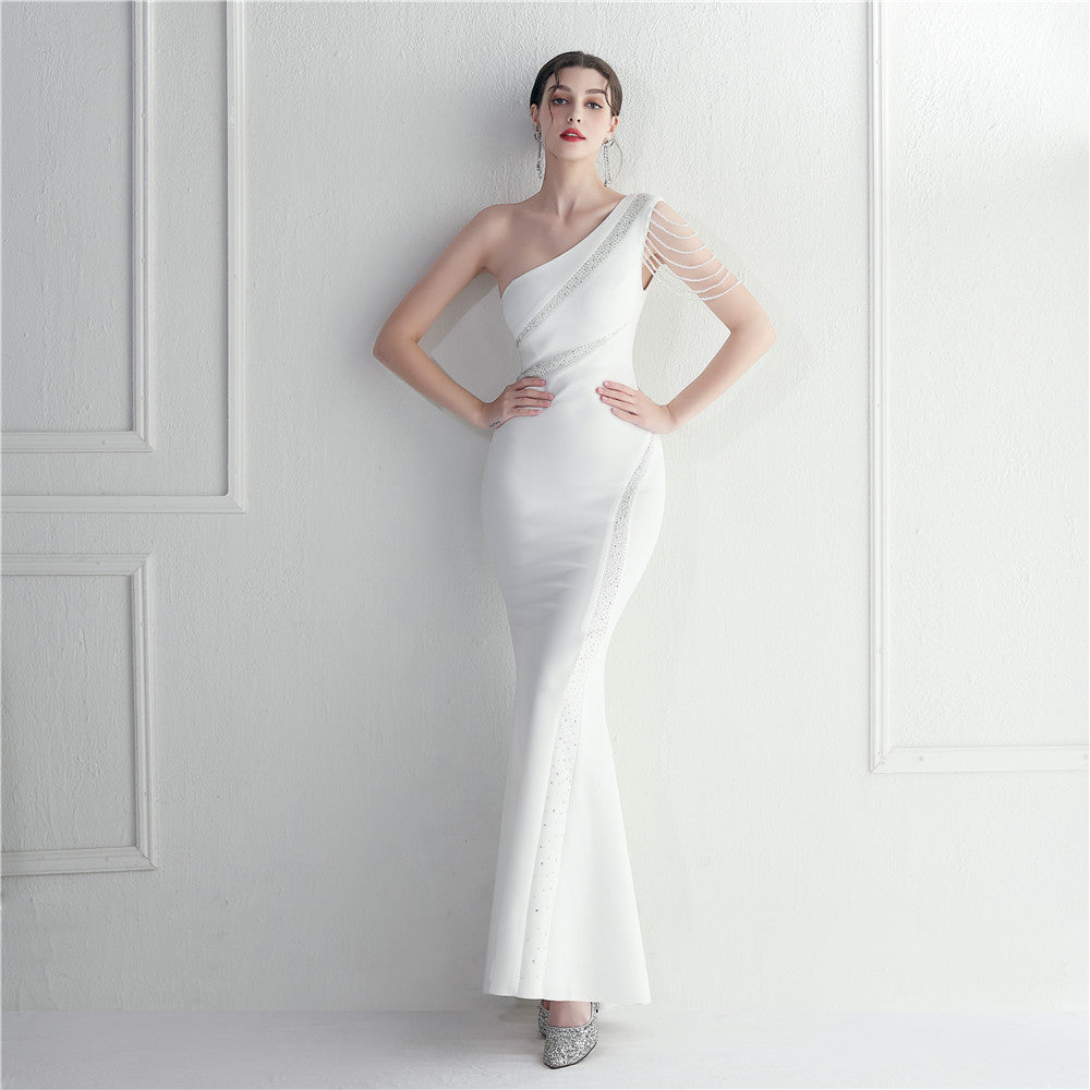 Trendy Beaded One Shoulder Slash Shoulder Sexy Long Evening Gown 8