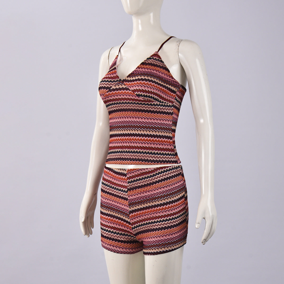 Summer Sexy Crop Open Waist Color-Blocked Camisole & Mini Skirt Two-Piece Set 9