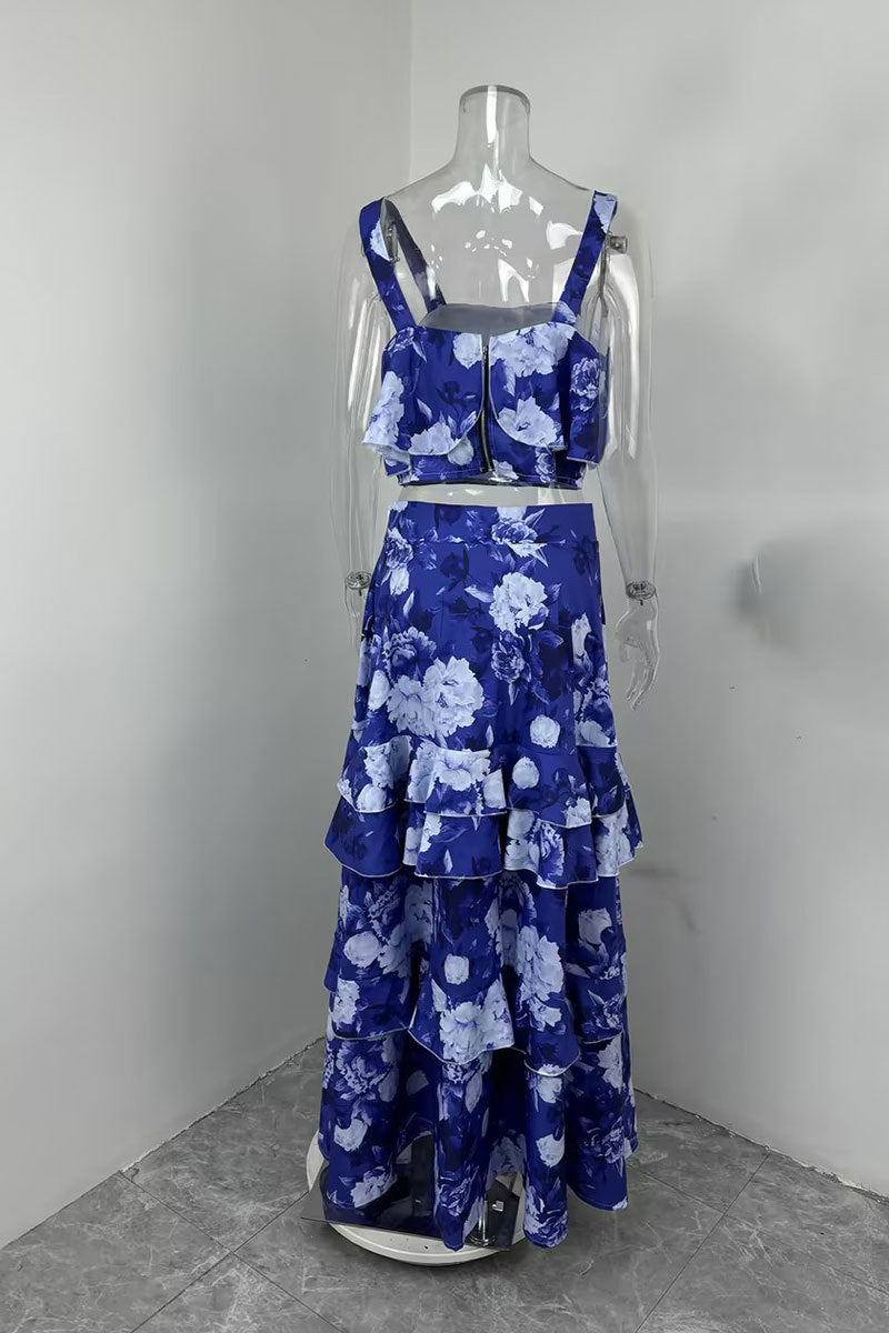 Women Beach Edge Holidays Printed Suspender Top Cascading Ruffles Skirt Two-Piece Set 22